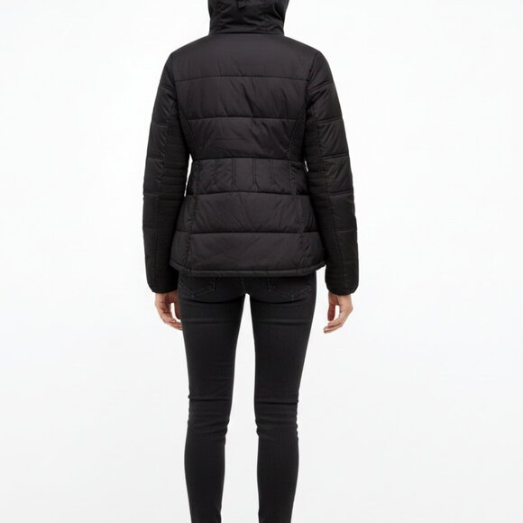 FRENCH CONNECTION Black Hooded Puffer Jacket Parka Women Sz(M) Asym.Quilted Coat - Picture 8 of 8